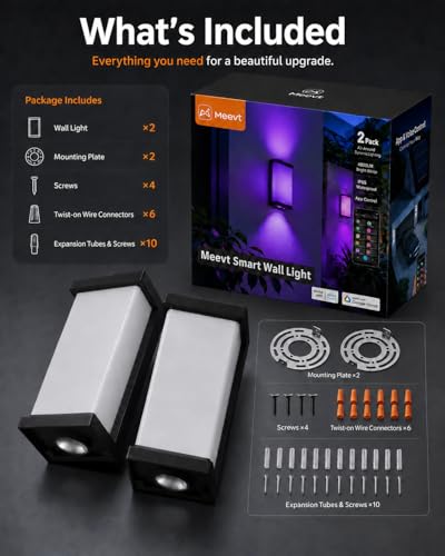 MMEEVT Outdoor Wall Light 1800Lm, IP65 RGBCW Wall Lamp (2 Piece) | Three Side Lighting Smart Led Indoor Lighting with Alexa and Google Assistant for Entrance Garage Porch