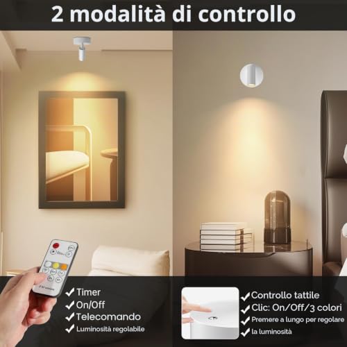 TaoFiaCo 2 x LED Rechargeable Indoor Wall Spotlights, White, Pack of 2 | USB Wall Light with Remote Control, 3 Colours, Wireless LED Spotlight for Lighting of Pictures Plants Bedroom