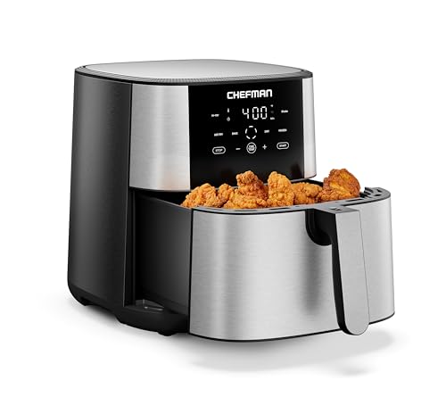 Freidora de aire Chefman de 8 cuartos | TurboFry® 4 en 1 con opción de fritura alta a 450 °F para obtener resultados más crujientes | Hornear, Deshidratar, Congelar | Cesta XL antiadherente apta para lavavajillas | Acero inoxidable