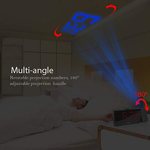 Reacher Projection Alarm Clock Radio with 5.5" Full Range Dimmer Digital LED Display Sleep Timer Radio Dual Alarms Snooze Timer Outlet Powered Dual USB Charger Ports for Bedrooms Bedside iPhone Phone