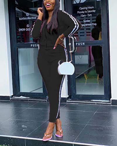 Women 2 Piece Long Sleeve Striped Cardigan and High Waist Long Legging Outfits Activewear Set Black L