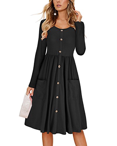 KILIG Women's Dresses Long Sleeve Casual Button Down Swing Dress with Pockets(Black,XXL)