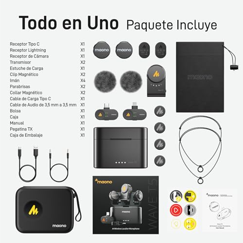 MAONO Wave T5 Combo (2TX+3RX+Estuche de Carga) Microfono Inalambrico, Micrófono De Solapa Inalámbrico para Cámara iPhone Android PC, 48 KHz 24 bits, Cancelación de Ruido, para Grabar Videos Podcast