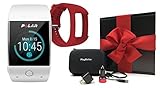 Polar M600 (White) Gift Box Bundle | Includes Extra Silicone Band (Red), PlayBetter USB Car & Wall Charging Adapters, Hard Case | GPS Sports Smart Watch, Wrist HR | Black Gift Box, Red Bow