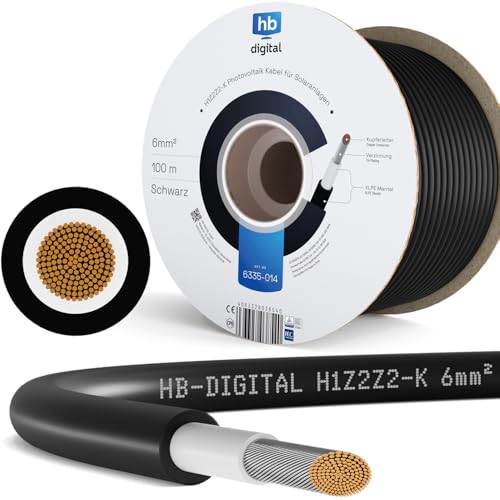 HB-DIGITAL 100m Solarkabel 6mm² H1Z2Z2-K inkl. 0% MwSt. gem. § 12 Abs. 3 UStG - TÜV Rheinland Zertifiziertes Flexibel UV PV Kabel Reines Kupfer 1500V DC für Sol