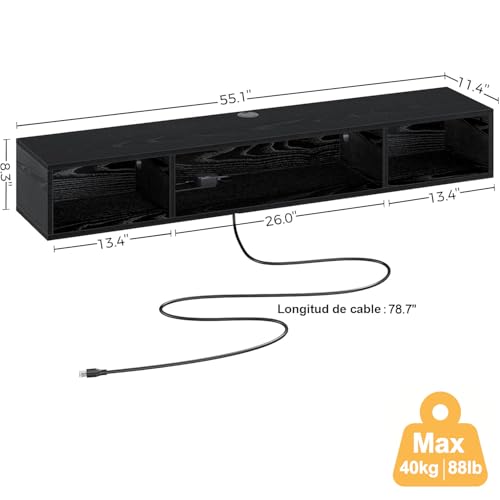WELIKERA Mueble para TV 70 Pulgadas con Luces RGB, Repisas Flotantes de Pared para TV con Toma de Corriente, Almacenamiento Debajo para Salón, Dormitorio, Negro