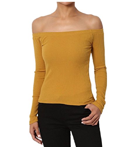 Dustin Clothes Off Shoulder Long Sleeve Stretch Ribbed Cotton Tee Fitted Top