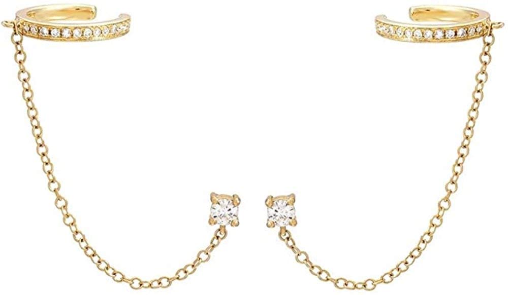 Cuff Small Hoop Halo CZ Stud Chain Earrings for Women Teen Girls Cartilage Double Holes S925 Sterling Silver Hypoallergenic Fashion Personalized Threader Tiny Huggie Gifts Bff Birthday