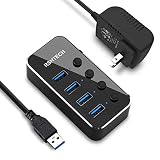USB Hub 3.0 Powered RSHTECH 4 Port USB Splitter Portable Aluminum Data Hub with Individual On/Off Switch