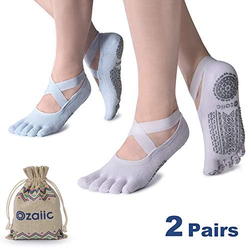 Ozaiic Yoga Socks for Women with Grips, Non-Slip Five Toe Socks for Pilates, Barre, Ballet, Dance, Workout, Fitness |Cotton, Size 2.5-9