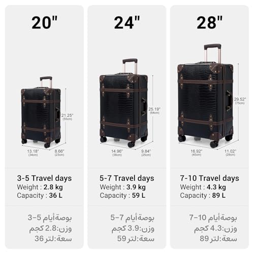 urecity Vintage Luggage Set 20"/24"/28" – Retro PU Leather Suitcase with TSA Lock, 360° Spinner Wheels & Telescopic Handle – Lightweight Travel Trolley (Crocodile Black)
