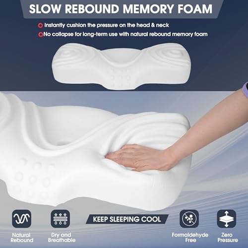 Memory Foam Neck Pillow, Ergonomic Cervical Sleeping Neck Pillow, Neck Support Pillow for Shoulder and Neck Pain Relief, Orthopedic Pillow for Side Sleeping with Washable Cover (a-Navy Blue)