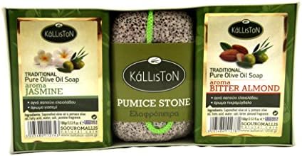 Kalliston, Olive Oil Soaps, Traditional Aromas of Jasmine & Bitter Almond with Pumice Stone, Gift Set, All Natural Soaps, Made in Ancient Crete, Greece, Spa Quality