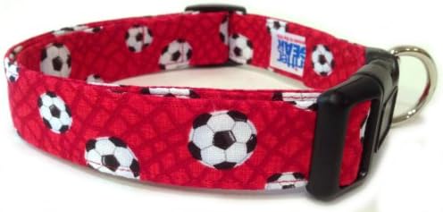 Adjustable Dog Collar in Red with White Soccer Balls (Handmade in The U.S.A.)