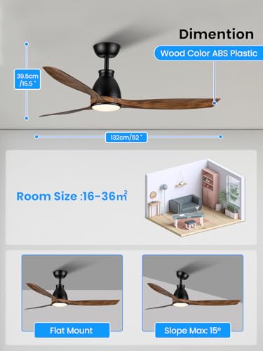 Newday DC Motor Ceiling Fan with LED Lighting Remote Control Quiet, 132 cm Ceiling Fan Woody with Lamp, Ceiling Fans with Light Dimmable, 3 ABS Blades for Bedroom, Living Room