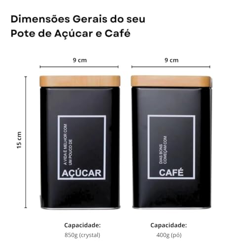 Conjunto de Potes Herméticos para Café e Açúcar Quadrado Metal Preto Fosco com Tampa na Cor Bambu Natural Decorativo Elegante Moderno Sofisticado Resistente e Boa Capacidade de Armazenamento