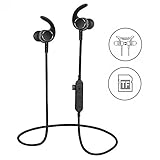 [Upgraded]SYL Bluetooth Headphones With TF SD Card Slot and Clip, Sweatproof MP3 Wireless in Ear Headsets, Bluetooth 4.2 Noise Cancelling Sports Magnetic Earphones with Mic for Gym Running (Black)