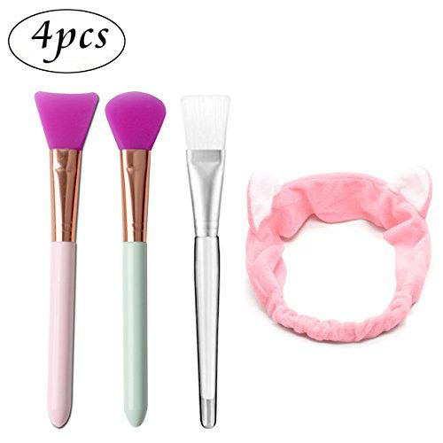 Keycute Facial Mask Brush For Home DIY Face Mud Mask Mixing Comestic Skin Care Silicone Brush applicator Set With Kitty Pink Headband 4 Pack