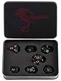 Forged Dice Co. Metal Black Raven with Gold Numbers Set of 7 Polyhedral Dice with Dragon Logo Tin Case Compatible with RPG games like Dungeons and Dragons, DnD, and Pathfinder