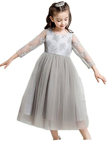 julang 2-14T Big Little Girl silver gray Bud silk long sleev Flower Girl Dresses (14, Silver gray)