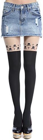 Siftantin Womens Cute Pattern Faux Thigh High Pantyhose (The Skull Cross)