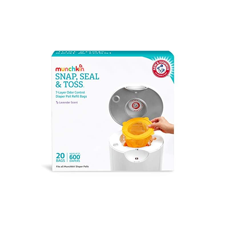 Munchkin® Arm and Hammer Diaper Pail Snap, Seal and Toss Refill Bags, Holds 600 Diapers, White 20 Count