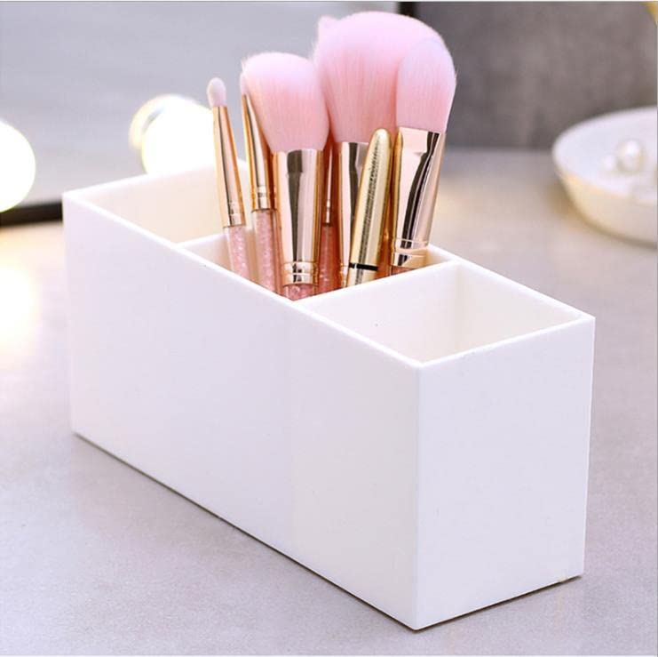 Makeup Brush Organiser - 3 Slot Cosmetic Display Holder for Brushes, Eyeliners, Lipstick, Lip Gloss - White