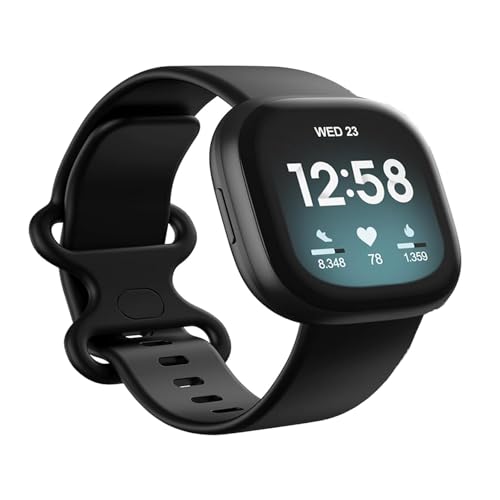2 Pack Waterproof Bands Compatible with Fitbit Versa 3 / Fitbit Versa 4 / Fitbit Sense/Sense 2 Bands, Classic Soft Sports Replacement Wristbands for Women Men (Black, Small 5.5''-7.1'')