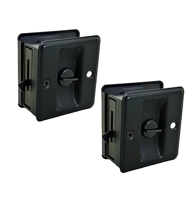 Photo 1 of QCAA Solid Brass Sliding Door Pull Privacy Pocket Lock, Matte Black, 2 Pack