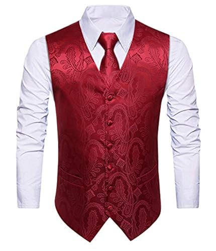Mens Christmas Red Suit Vest Set Pcs Paisley Floral Jacquard
