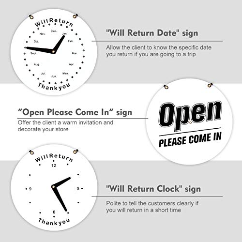 Will Return Sign, Open Sign, 2 Pack Double Side Will Return Clock/Date Sign & Open Please Come in Sign Store Sign Business Sign with Chain for Door Window Restaurant Bar Retail Barber Shop Salon Shop - Thumbnail 2