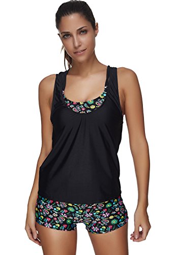 Ebuddy Women Sports Swimwear Bikini Double Up Tankini Top and Bottoms Swimsuit