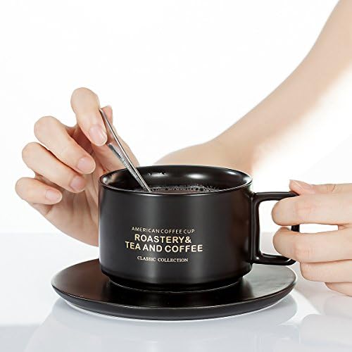 Procelain Coffee Cup Saucer Set - MISUNDER 300ml/10oz Letters Print Drinkware Coffee Mug, with Saucer and Spoon, for Coffee, Tea, Milk,3pcs Great Gift(2017,JS-002)