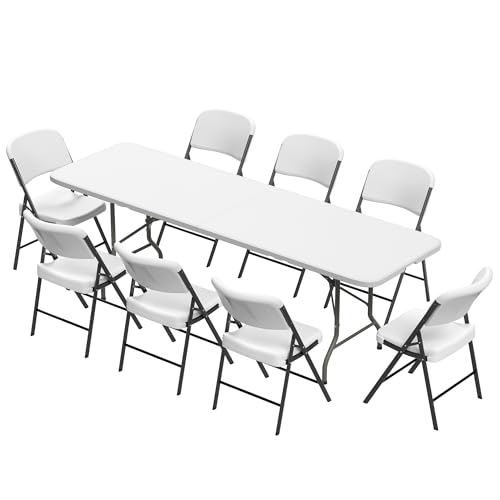 Elevon Folding Table Set with 8 White Folding Chairs,8 Feet Heavy Duty Fold-in-…