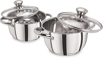 Pristine Stainless Steel Sandwich Base Casserole Set with Glass Lids for Induction (1.7L/2.25L) (Silver)