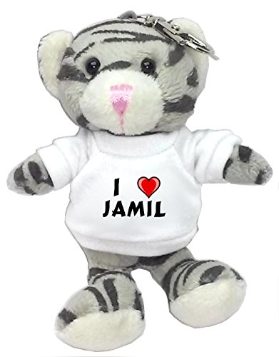 Gray Cat Plush Keychain with I Love Jamil (first name/surname/nickname)