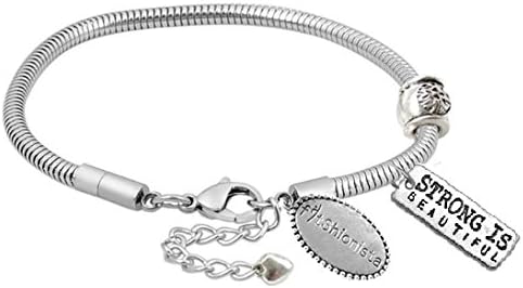 "Strong is Beautiful" Charm DIY Starter Snake Chain Bracelet with Removable Heart Lobster Clasp, works with Pandora (TM) by fitShionista