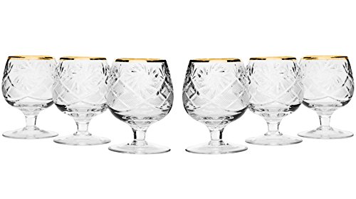 Victoria Bella WG5290-150G, 5 Oz. Hand-Made Crystal Wine Glasses on a Short Stem, Vintage 24K Gold-Plated Red/White Wine Brandy Snifters, Wedding Gift Drinkware, Set of 6