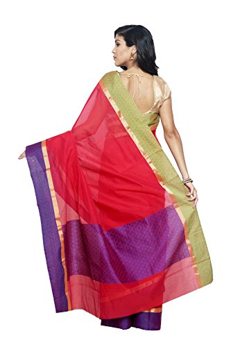 DOUBLE COLOR CONTRAST COTTON SAREE-Red-AJS361-MN-Cotton - Image 3