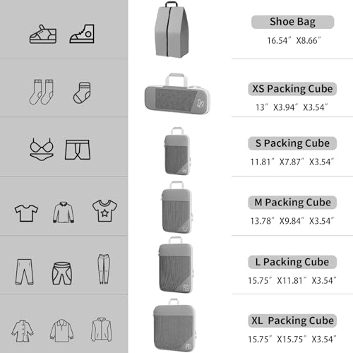 Grey Suitcase Organiser Set, 6-Piece Compression Packing Cubes, Suitcase Organiser, Travel Organiser, Compression Packing Cube Set for Suitcase, Backpack, Hand Luggage
