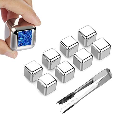 Vakania 8 Pcs Stainless Steel Reusable Ice Cubes, Metal Whiskey Stones, Whiskey Rocks Chilling Stones with Tongs for Wine Non-diluting Cooling Vodka, Whiskey, Beer, Wine, Beverage (8)