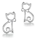 Cat Stud Earrings - Hollow Out Cat Earrings,Naughty Cute Silver Cat Stud Earrings,Sterling Silver Cat Earrings,Kitten Cat Earrings for Girls,Gold Plated Small Cat Earrings,Woman Cat Love Earrings Stud