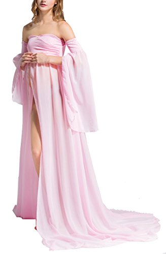 Molliya Maternity Photography Dress Off Shoulder Long Sleeve Chiffon Gown Split Front Maxi Dress for Photo Shoot/Baby Shower