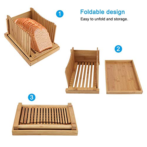 Bread Slicer Cutting Guide, Premium Bamboo Foldable Bread Cutter Bagels/Loaf Cakes/Sandwich Slicer with Crumb Catching Tray for Home and Commercial