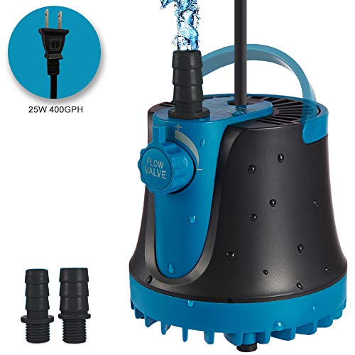 TOPBRY 400GPH Submersible Pump(1800L/H, 25W), Submersible Water Pump, Ultra Quiet Fountain Pump with 2 Nozzles, 5.9ft Power Cord for Fish Tank, Aquarium, Pond, Hydroponics, Statuary (Black - 400GPH)