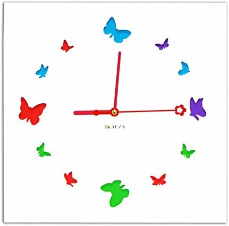 Contemporary Wall Clock with 3D Laser Cut Out Colourful Butterflies Wooden Frame by Kauza (White)