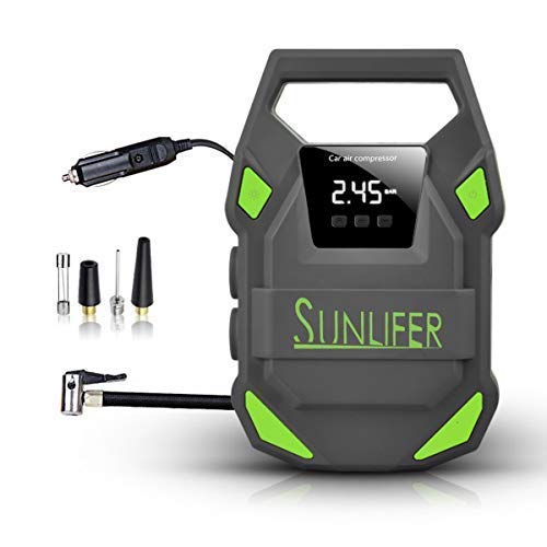 Sunlifer Digital Tire Inflator, 12V Portable Air Compressor, 150 PSI Auto Tire Pump with Bright Flashlight, SOS Emergency Light and Carry Handle for Car, Motorcycle, Bike and Other Inflatable (Green)
