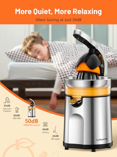 VINATO Electric Orange Squeezer with 2 Cones, Juice Extractor, Low Speed Juice Machine, Anti-Drip System and Easy Cleaning
