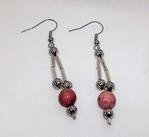 Unpolished Rhodonite Gemstone Hook Drop Earrings with Silver and Glass Beads