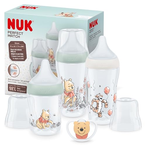 NUK Perfect Match Baby Bottles Set | 0-6+ Months | Adapts to Babys Palate | 3 x Anti Colic Baby Bottles & Space Soother | Disney Winnie the Pooh | 4 Count